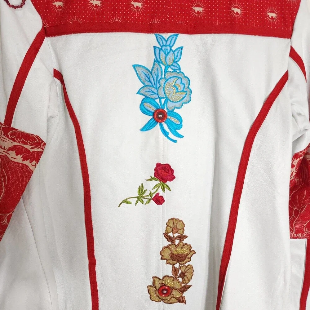 Sun Goddess Leather Jacket White Rhino Floral Applique South African Runway XL